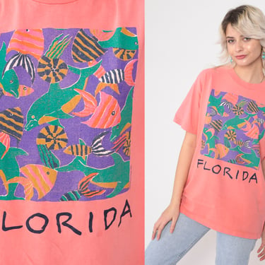 Florida Fish Shirt 90s Tropical T-Shirt Coral Pink Beach Graphic Tee Tourist Travel Tshirt Vintage 1990s Large L 