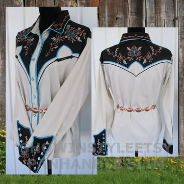 Panhandle Slim Vintage Retro Women's Western Shirt, Cowgirl Blouse, Ivory & Black, Embroidered Flowers, Tag Size XLarge (see meas. photo) 