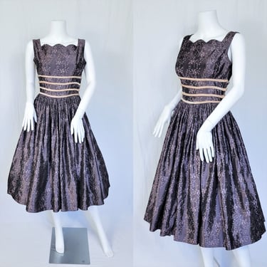 1950's Grey Purple Embossed Floral Print Taffeta Circle Skirt Dress I Sz Sm I Cocktail I Party I Rockabilly 
