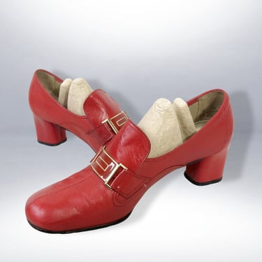 VINTAGE 60s Red Leather Brogues Block Heel Shoes by Air-Step Size 8 | 1960s Mod Slip on Oxford Pilgrim Heels | VFG 