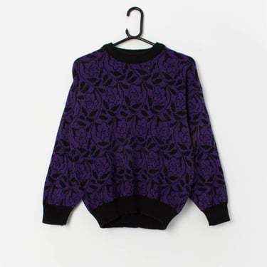 Vintage purple and black floral jumper, womens patterned retro winter sweater - Medium / Large 