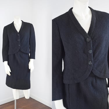 Late 50s Adele Simpson Black Boucle Wool Skirt Suit - S 