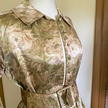 Vintage MCM Silk Skirt Waist Party Dress by Sophisticated 1950's Olive Green, blush Pink, Shiny Beige Floral From I.Magnin Medium Size 6 