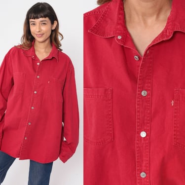 Red Levis Shirt 90s Denim Button Up Shirt Jean Boyfriend Top Cotton Long Sleeve Retro Basic Plain Streetwear Vintage 1990s Men's 2xl xxl 
