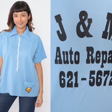70s Uniform Shirt J&M Auto Repair Shirt Baby Blue Mechanic Shirt Raglan Sleeve Zip Up Bowling 1970s Vintage Polyester Knit Men's 42 Large 