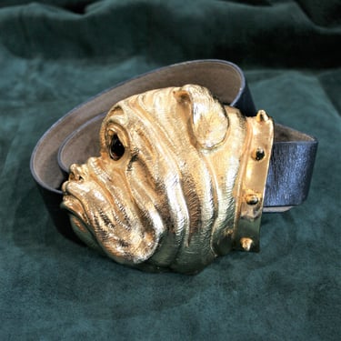 Chrisopher Ross -  1981 - 24K Gold Plated - Very Large - Bulldog Belt buckle - Marked - Glass Eyes  - Navy belt strap 