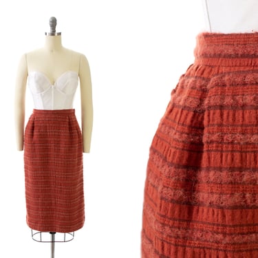 Vintage 1970s Skirt | 70s VALENTINO Boutique Burnt Rust Orange Wool Cotton High Waisted Designer Pencil Skirt (small) 