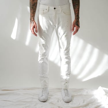 POLO Ralph Lauren Selvedge Vintage White & Green Paint Splatter Denim Slim Fit Jeans | 35x33 | Y2K RL Polo Designer Redline Mens Denim Pants 
