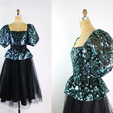 80s Nolan Miller Dynasty Collection Black Sequined Party Dress / Vintage Black Dress / 1980s / Prom Dress / 80s Puffy Sleeves / Size S/M 