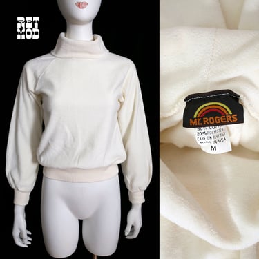 Cool Vintage 70s 80s Very Slightly Off-White Velour Long Sleeve Top by Mr. Rogers 