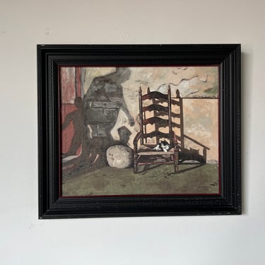 1930's Slavinsky Still Life French Ladder Back Chair With Cat Oil Painting 