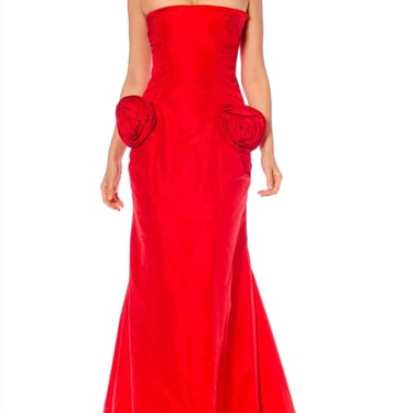 1980S Valentino Red Silk Taffeta Strapless Fishtail Trained Gown With Rosette Pockets 