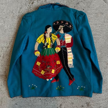 XS, Vintage 1950s Wool Hand Embroidered Mexican Souvenir Jacket, Blue, F 