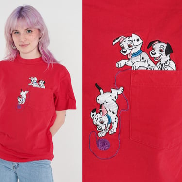 101 Dalmatians Shirt 00s The Disney Store Tshirt Walt Disney Shirt Streetwear Graphic Cartoon T Shirt Red Pocket Dog Vintage Retro Medium 