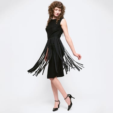 Small 60s Black Car Wash Fringe Wiggle Dress | Vintage 1960s Sleeveless Midi Sheath Party Dress 