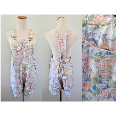 Vintage Women's Floral Overalls  - 90s Denim Boho Sleeveless Shortalls Jean Shorts Outfit - Size Medium 