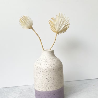 White and Lavender Handmade Bud Vase in speckled clay 
