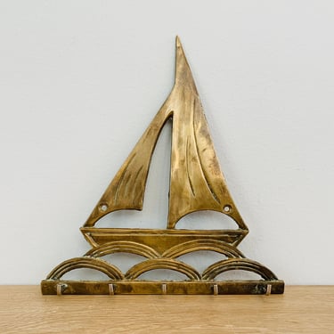 Vintage Mid Century Modern Brass Sailboat Key Hook Key Caddy 