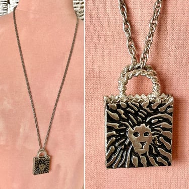 Lion Pendant Necklace, Anne Klein, Shopping Bag Design, Silvertone Chain, Statement Piece, 90s Vintage 