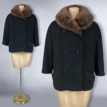 VINTAGE 50s Mink Fur Collar Black Wool Double Breasted Coat Jacket by Brittany | 1950s Fluffy Fur Short Swing Coat | VFG 