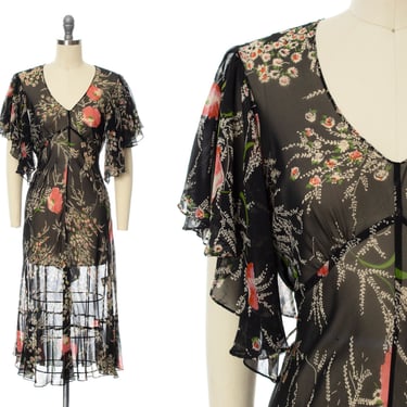 Modern 1930s Vintage Style Dress | 30s Inspired Flora Silk Chiffon Bias Cut Flutter Sleeve Black Sheer See Through Midi Dress (small) 
