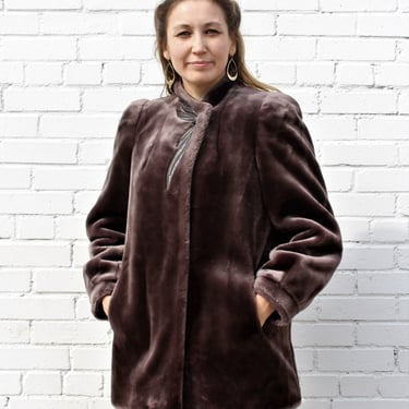 Faux Fur Coat, Vintage 1970s Sasson, Small Women, Jacket, black faux leather trim, vegan coat 