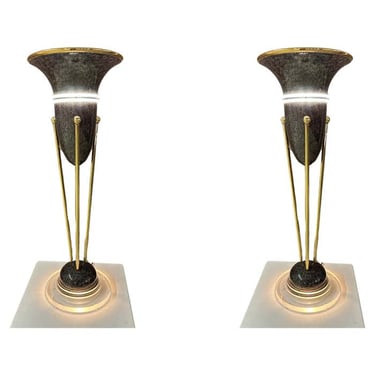 Pair of 1980s Torchieres in Brass, Ceramic and Lucite by Alan Peterson