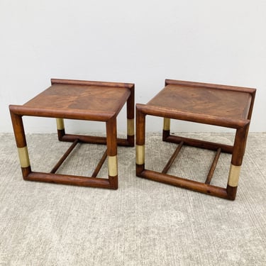 Chunky 1980s Parquet Side Table with Brass Detail