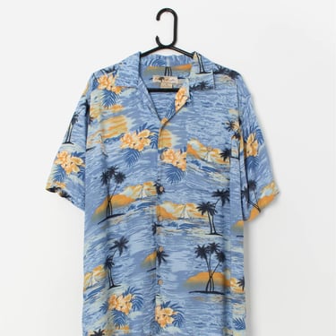 Vintage blue Hawaiian shirt with island pattern - Medium 