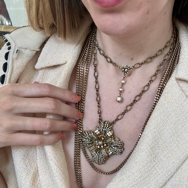 Rare Designer Miriam Haskell Gold Filigree and Pearl Pendant Necklace