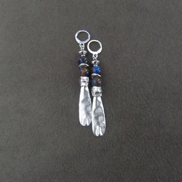 Blue agate and hammered silver earrings 