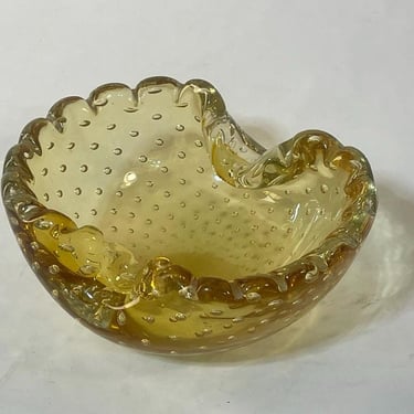 Vintage Bullicante Italian Art Glass Controlled Bubble Rolled Edge Gold Oval Bowl Dish 