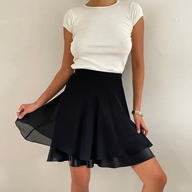 90s silky skirt / vintage black double layer overlay silky crepe + satin minimalist mini swing skirt | Small 26 Waist 