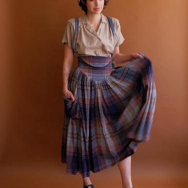 Vintage 80s Norma Kamali Suspender Skirt/ 1984 DEADSTOCK Documented Plaid Gauze Skirt/ Size XS 