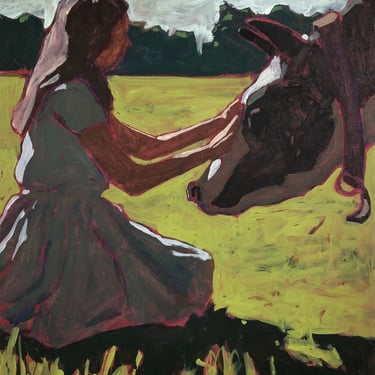 Woman and Cow  |  Original Acrylic Painting on Canvas 16"x20" - farm, country, animal, light, shadow, field, modern, michael van, figurative 