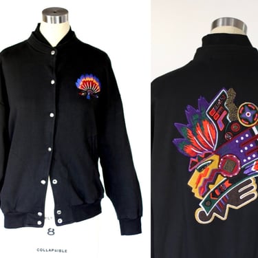 Vintage  Kansai Yamamoto KBS Embroidered Appliqué Jersey Knit Bomber Jacket - Designer Snap Up Sweatshirt 