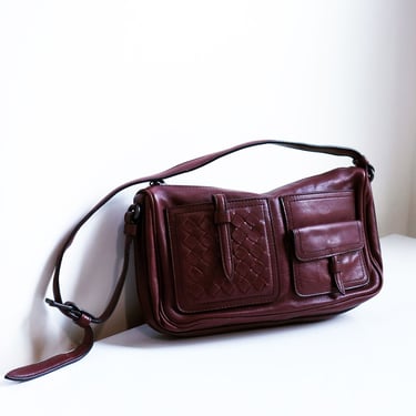 Bottega Veneta Bordeaux Leather Multi Pocket Baguette Bag with Intrecciato Pocket Detail Woven Burgundy Maroon Red 90s Y2K 