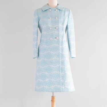 Elegant 1960’s Powder Blue Brocade Cocktail Dress & Matching Coat / medium
