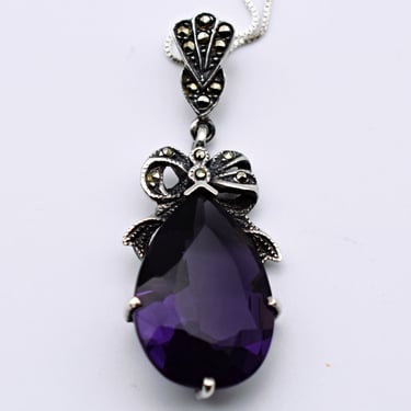 80's Art Deco sterling purple tourmaline marcasite pendant, elegant TH 925 silver pyrite bow necklace 