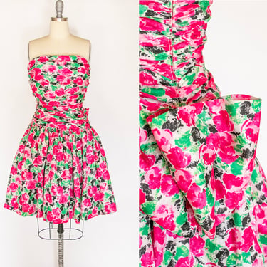 1990s Dress Silk Strapless Floral Full Skirt S 