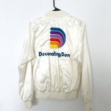 Vintage 70s Rainbow Design White Satin Bomber Jacket 