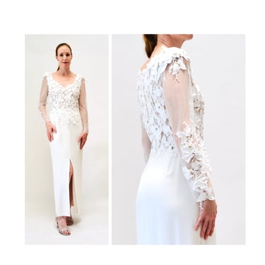 90s Vintage White Sheer Mesh Lace Rhinestone Gown Dress Long sleeves Yoly Muñoz Medium // Vintage Mesh Lace Wedding Dress Beaded Flower Gown 