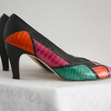 1980s Leather and Snakeskin Patchwork Pumps, Size 7B 