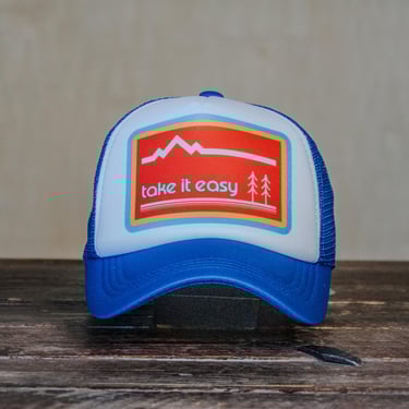 Ready to Ship | Trucker Hat | Hand Printed | Take It Easy | Blue Hat 