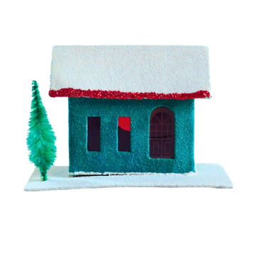 1950s Green Putz House, Cardboard Christmas Village, Kitsch Holiday Decoration 