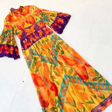 1970s Fruit + Butterfly Print Chiffon Maxi Dress with Keyhole and Bell Sleeves 