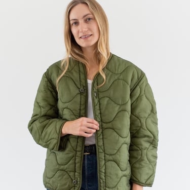 Vintage Green Liner Jacket | Unisex Wavy Quilted Nylon Coat | L | LI295 