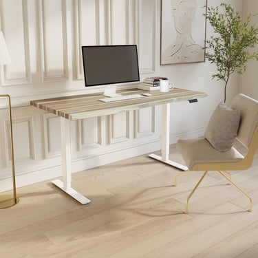 Live Edge Teak Wood Stand Up Desk, White Legs, Standing Desk, Adjustable Height Desk 