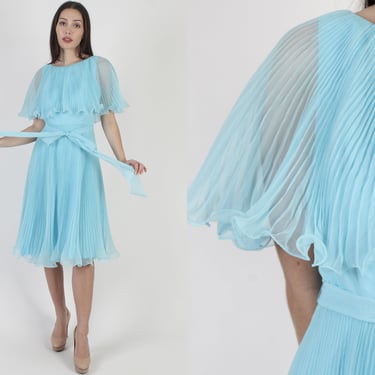 Vintage 70s Sky Blue Chiffon Dress / Pleated Ruffle Capelet Wedding Midi 
