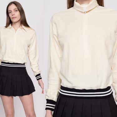 70s 80s Half Zip Fleece Sweatshirt Top - Small | Vintage Cropped Striped Trim Athletic Pullover Track Jacket 